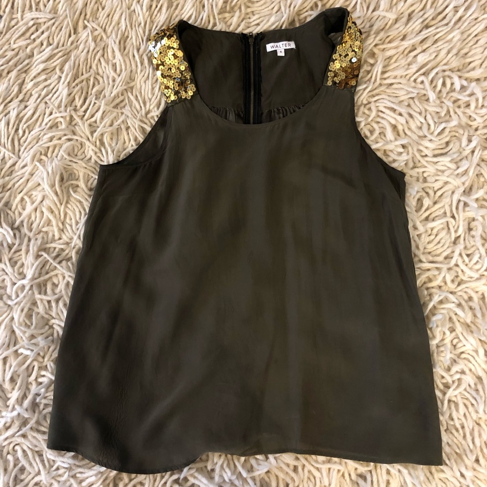 Walter Olive, silky sleeveless Gold sequin strap.